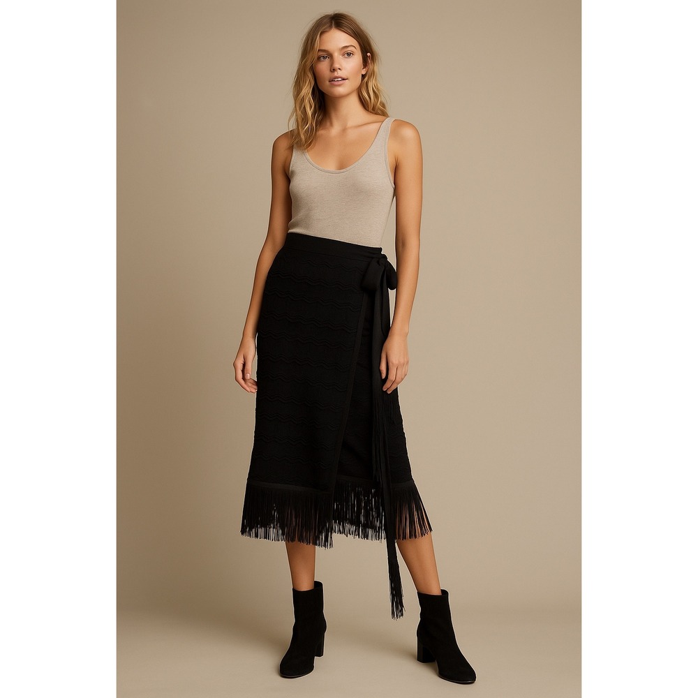 House of Harlow 1960 Black Knit Wrap Midi Fringe Skirt Boho Chic Size S Witchy‎
